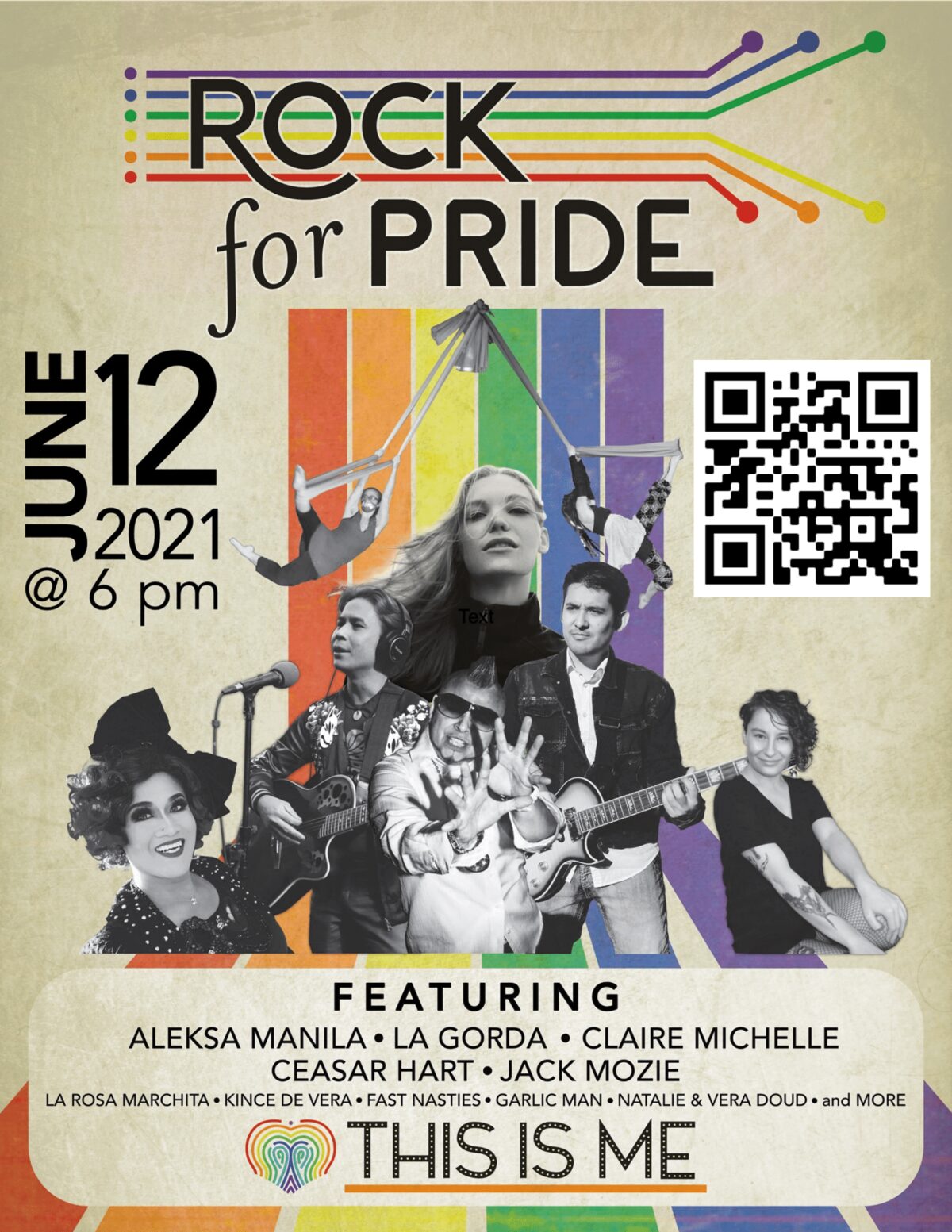 Musicians of many different backgrounds standing in front of a rainbow.