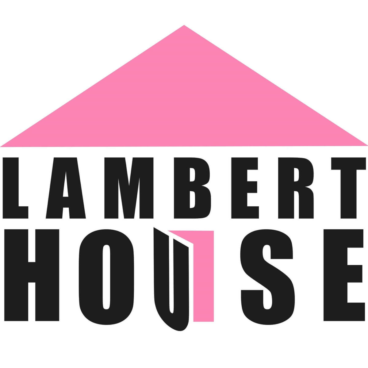 Lambert House logo: A pink triangle "roof" over the words 'Lambert House'.